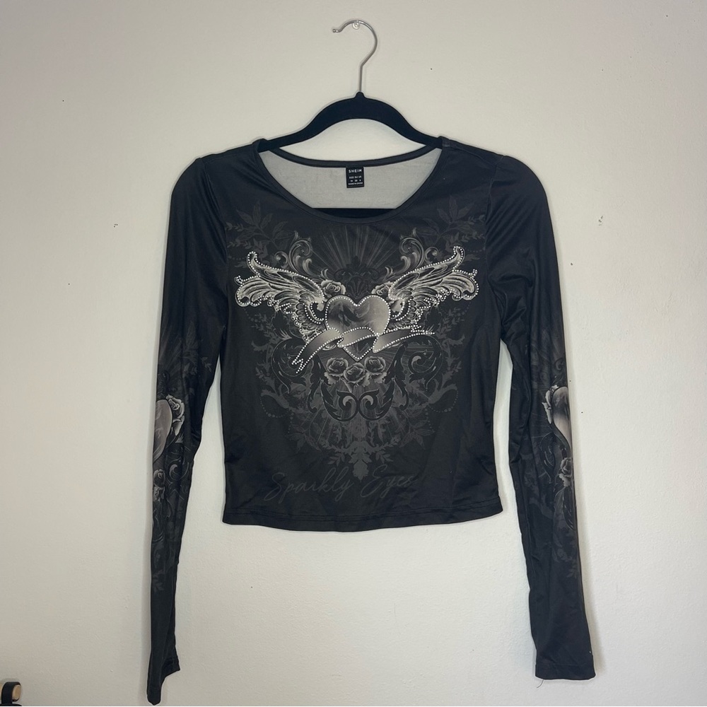 Black Rhinestone Long Sleeve Stretchy Crop Top